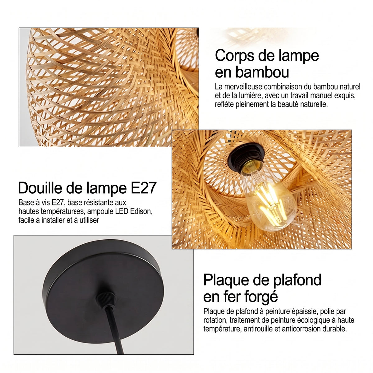 Suspension LED en bambou tressé