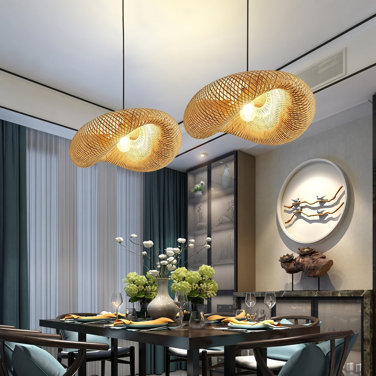 Suspension LED en bambou tressé